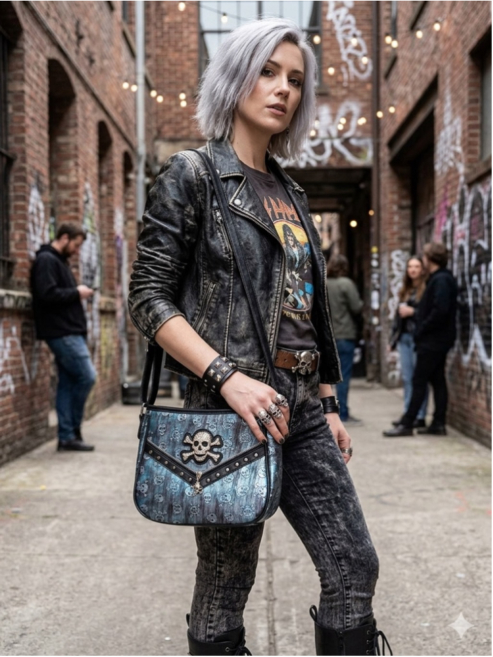 Blue/Black Iridescent Skull Print Crossbody Bag w/Adjustable Strap